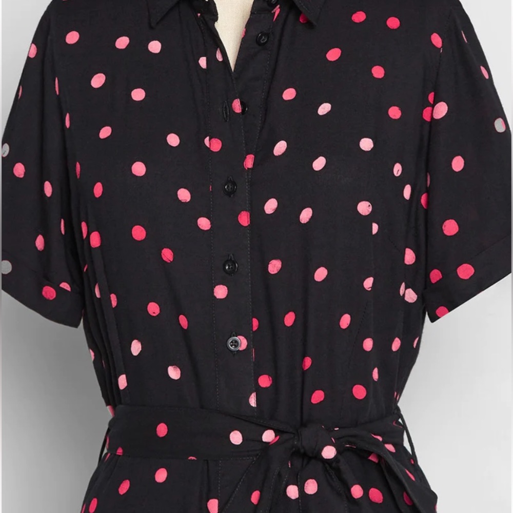 Modcloth Black Midi Shirt Dress with Pink Polka Dots - Picture 5 of 9